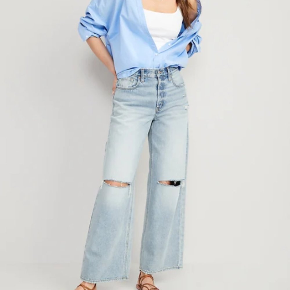 Extra High-Waisted Ripped Baggy Wide-Leg Non-Stretch Jeans  Sz 14 Petite